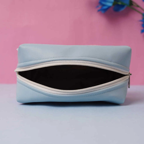 Personalized PU Pouch with Patch and Initial Letter - Sky Blue